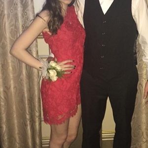 Red one sleeve lace junior prom dress